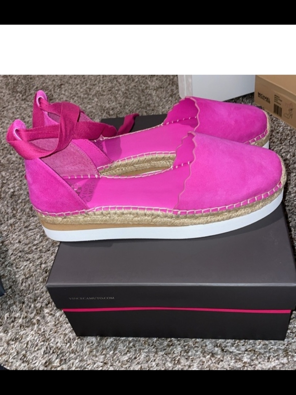 Vince Camuto Hot Pink Scalloped Espadrille Platform Flats with Ankle Tie - Picture 2 of 5
